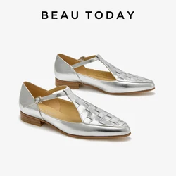 BEAUTODAY Silver Flats Women Genuine Cow Leather Solid Color Checkered Design Square Toe 2023Fashion Ladies Shoes Handmade 28302