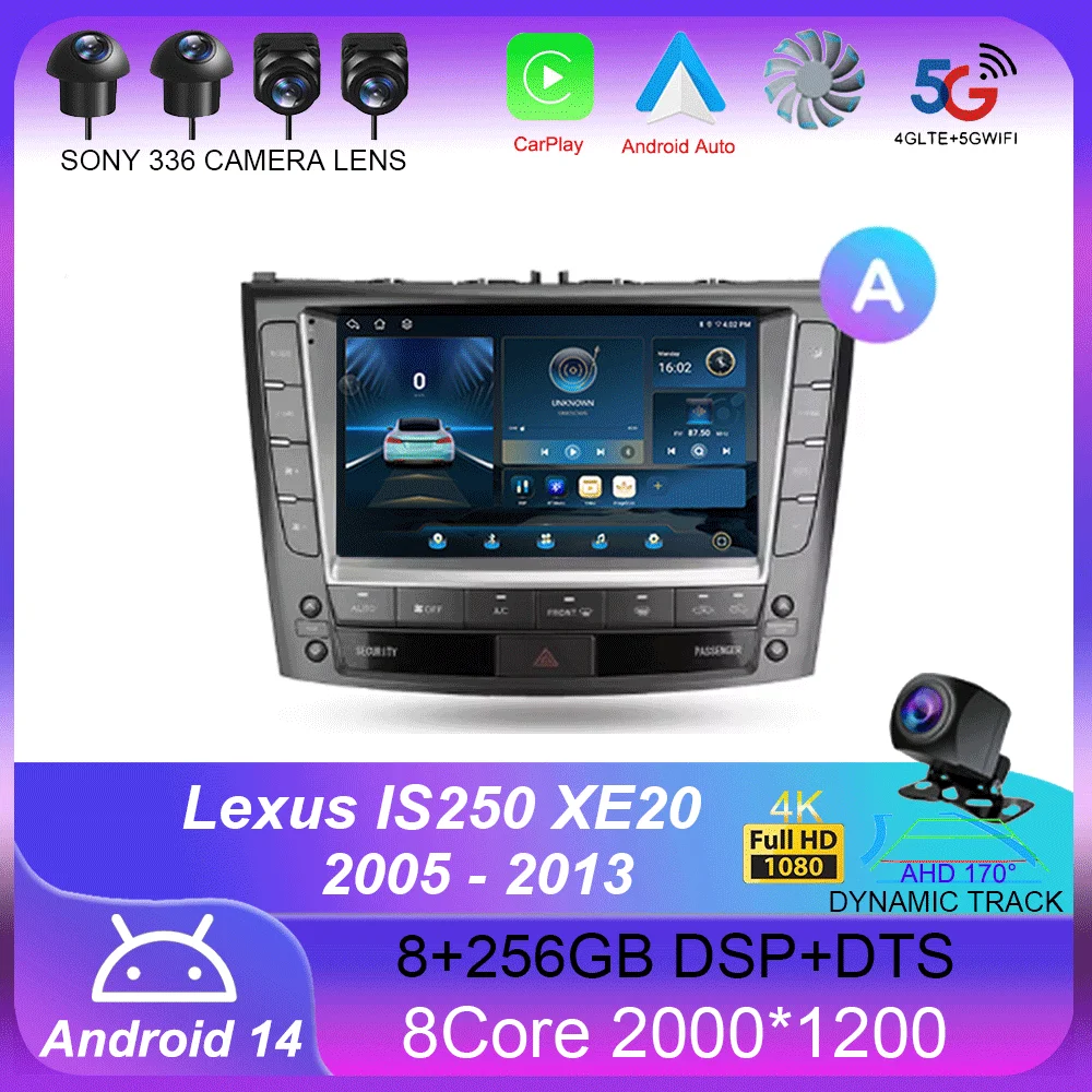 For Lexus IS250 XE20 2005 - 2013 Carplay Auto 4G+WIFI GPS Car Radio Navigation Multimedia Video Player Stereo BT Android 14