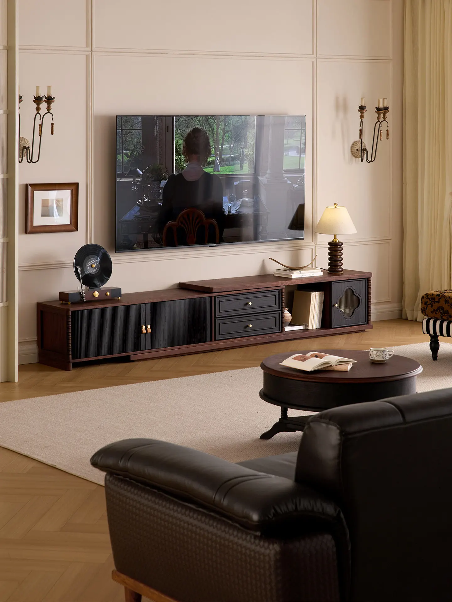 

YFY French solid wood telescopic TV cabinet stretchable storage floor cabinet retro living room TV cabinet