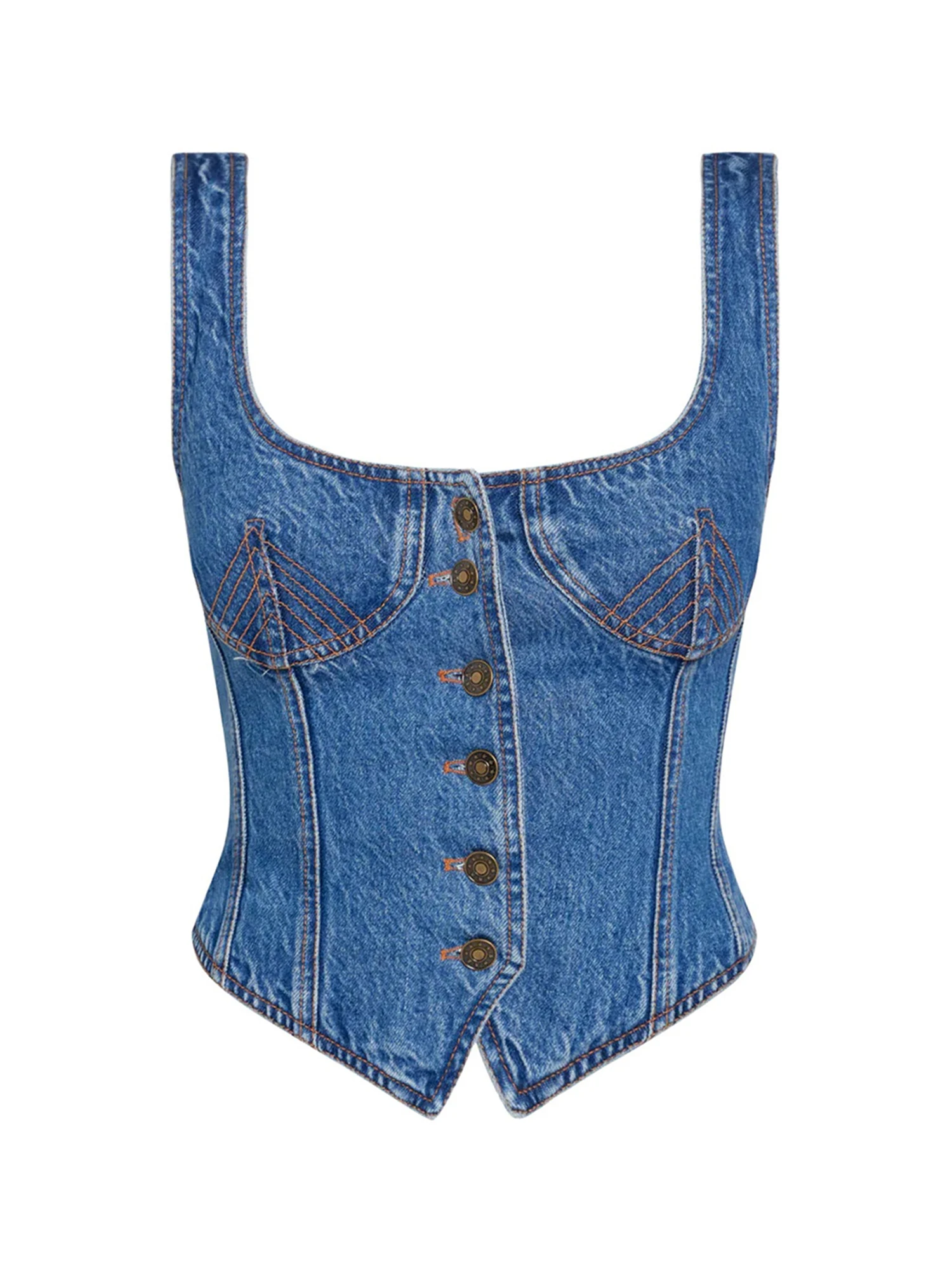 Women Denim Tank Tops Summer Chic Slim Square Neck Sleeveless Backless Button Down Vest Party Club Streetwear Hot Girl Camisole