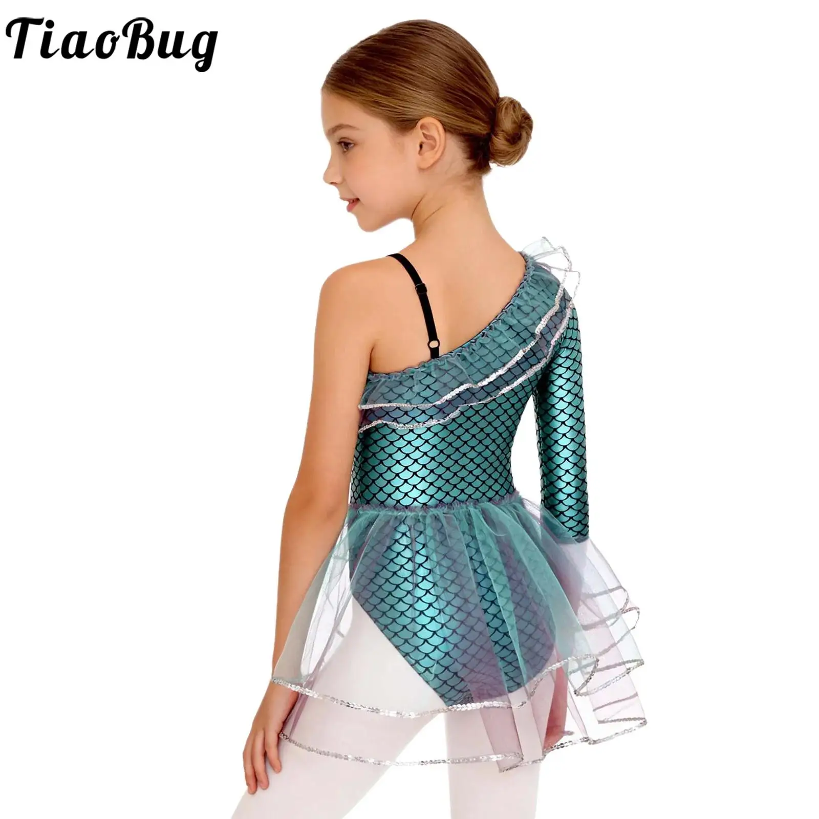 

Детский костюм русалки с рыбным принтом для девочек, балетные гимнастические трико, танцевальное боди, сетчатый купальник-пачка с длинными рукавами для выступлений