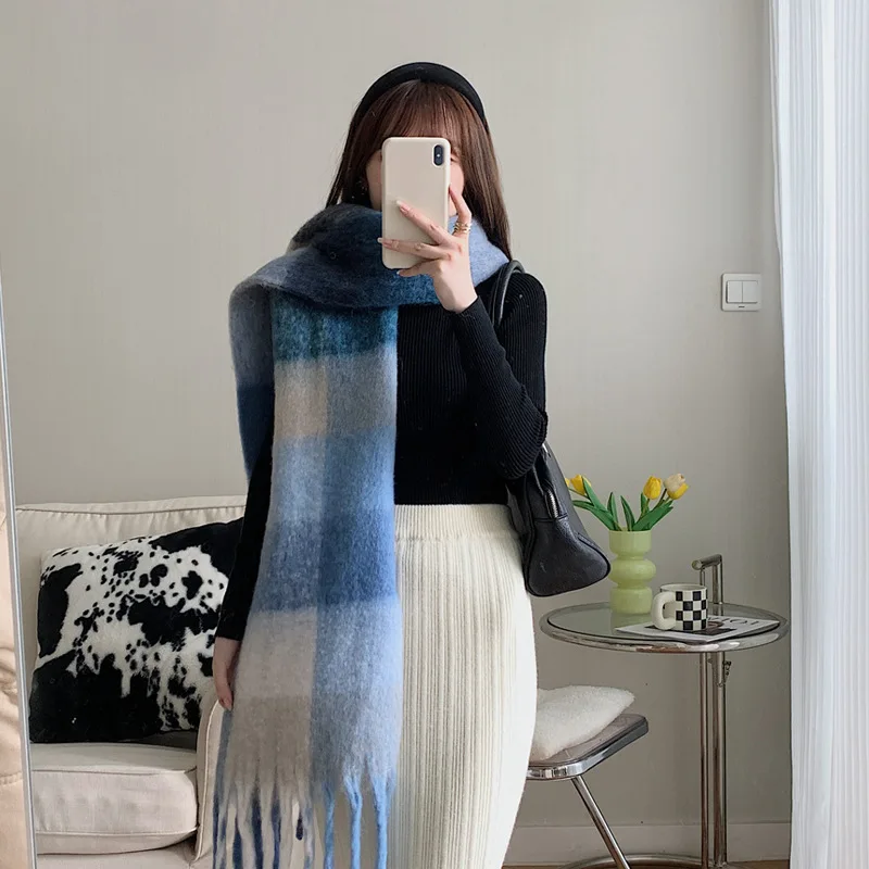 Rainbow Plaid Fashionable Tassel Shawl Blue Pink Plaid Scarf Winter Imitation Cashmere Scarf Cold Resistant Shawl for Women