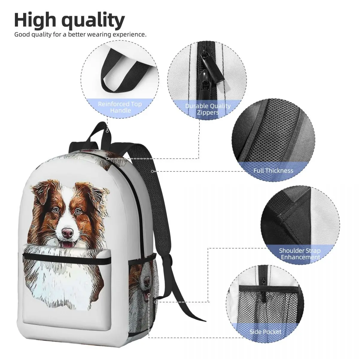 Australian Shepherd Red Tricolor Lovers Backpack Daypack Large Capacity Boy Girls BookBag School Bag Shoulder Bags for Men Women
