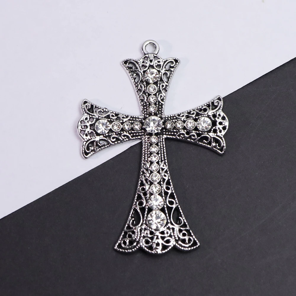 2pcs Antique Silvery Crystal Cross Charms Rhinestone Filigree Cross Pendants for DIY Jewelry Making Accessories view 5