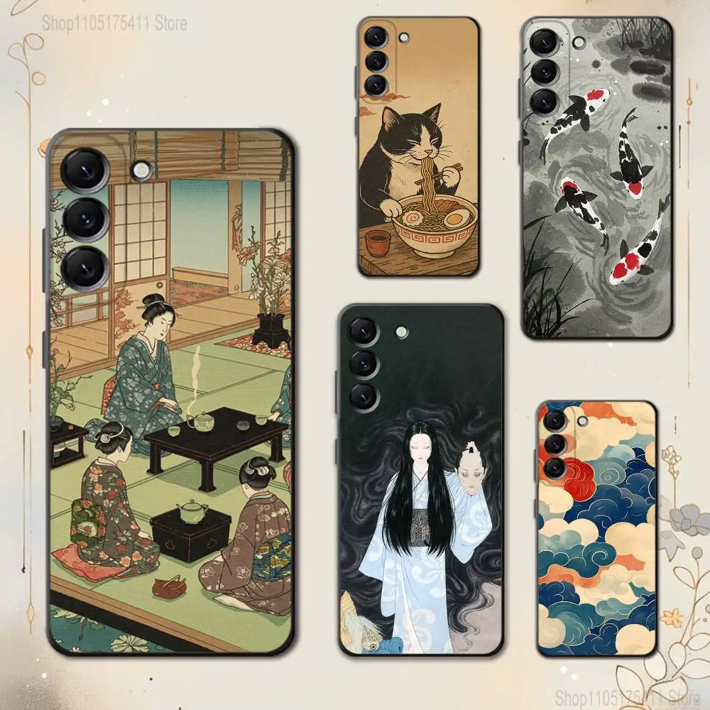 

J-Japan Style Ukiyo-e Phone Case For Samsung Galaxy A 73,72,51,53,52,71,22,5G,Note,J7,8,9 Soft Black Cover
