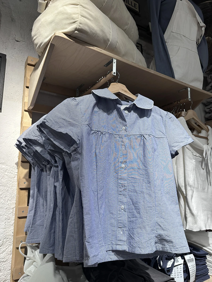 Blue Striped Short Sleeve Blouse Women Summer Peter Pan Collar Single Breasted Top Shirt Preppy Style Sweet Blouses Y2k 2025 New