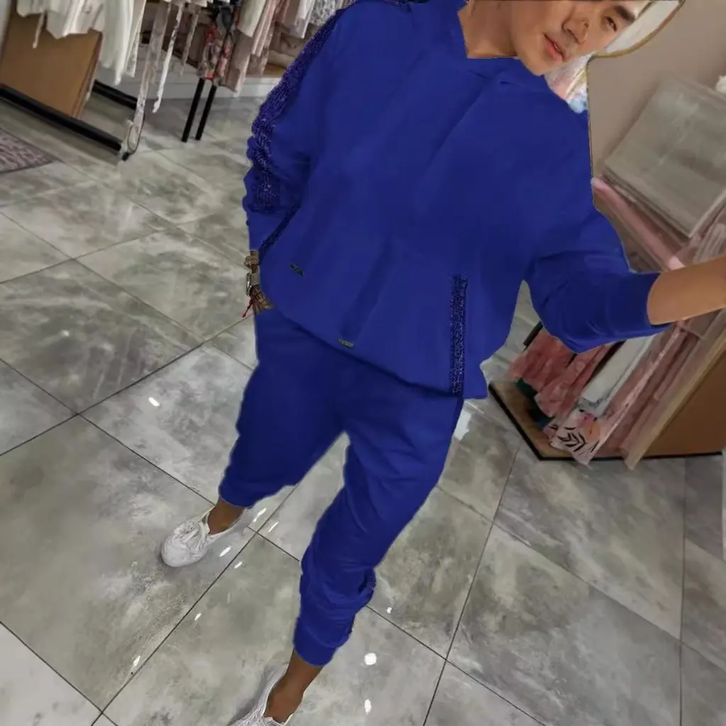 

Casual Sports Hooded Sweat Pants Suit with Sequin Pocket Independent Station Best Selling Women's Set