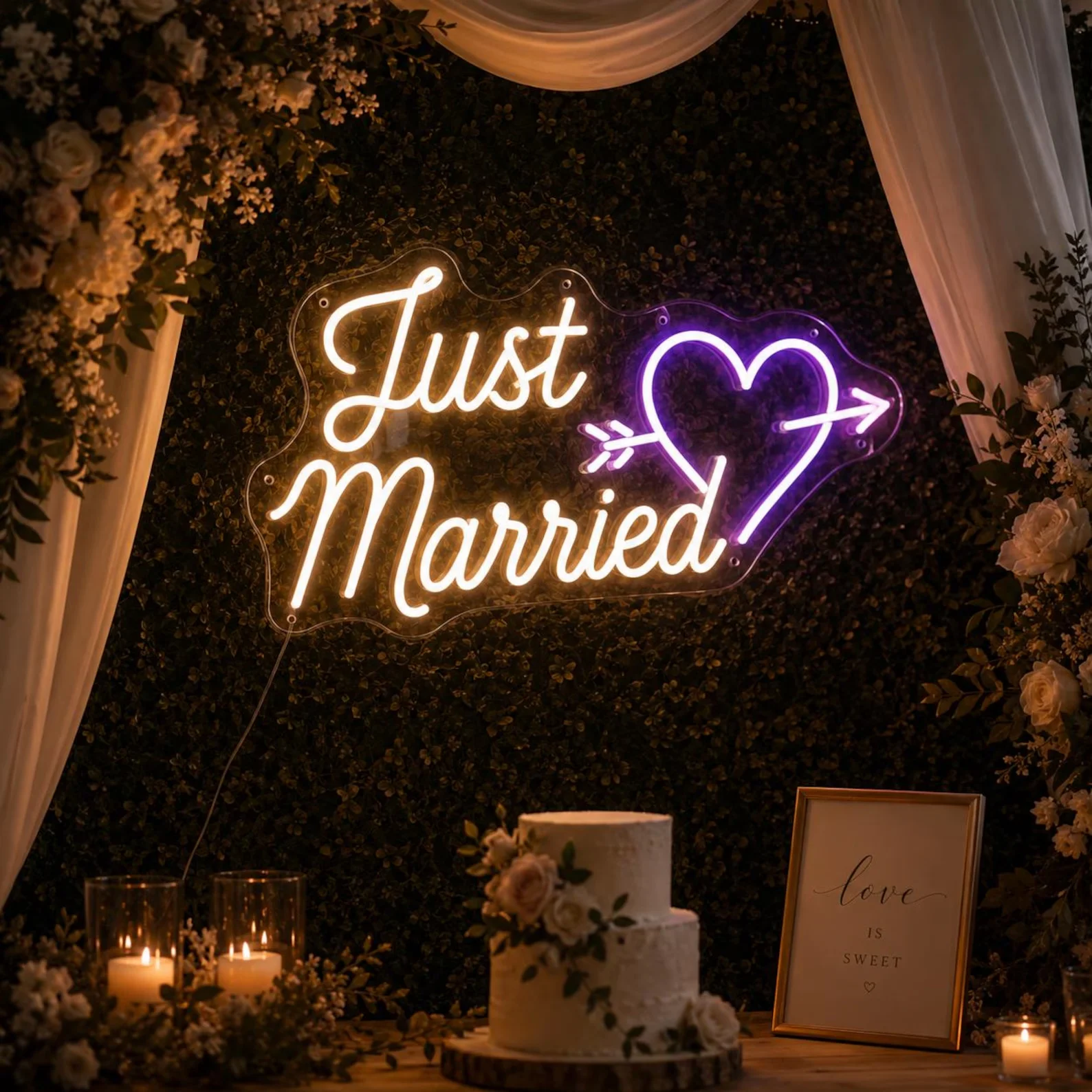 Just Married Neon Sign,Heart Arrow Wedding Decor,Romantic Reception Wall Light,Engagement Party Backdrop Sign,Just Married Sign