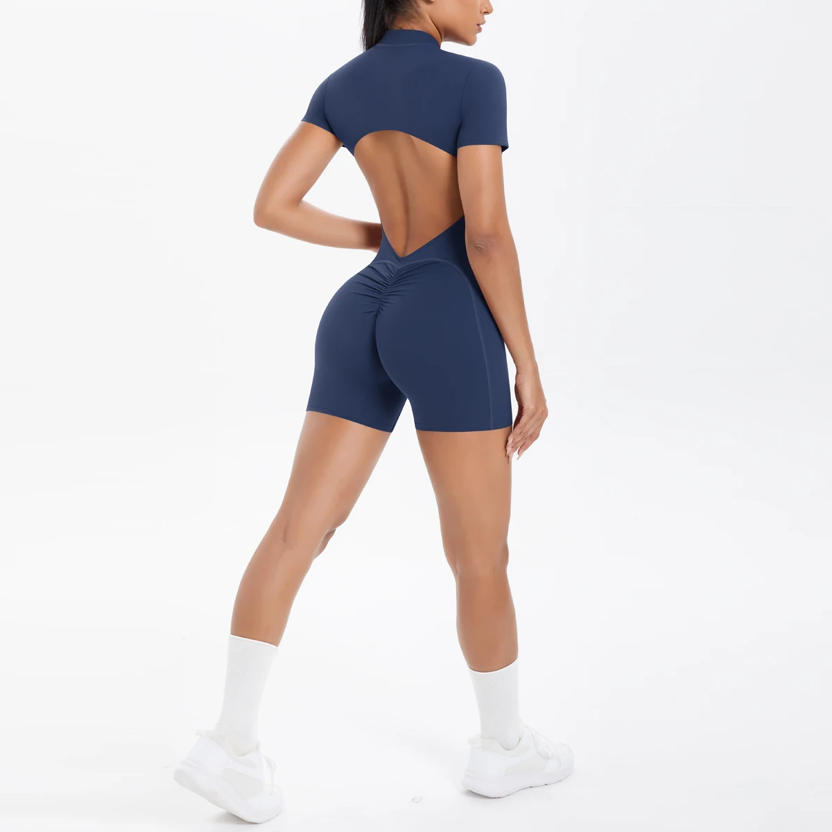 Ausgehöhlter, rückenfreier, kurzärmliger Reißverschluss-Overall für Damen, Overall, Yoga-Anzug, einteilige Legging, kurze Push-Up-Gymnastik-Yoga-Kleidung – Detail 28