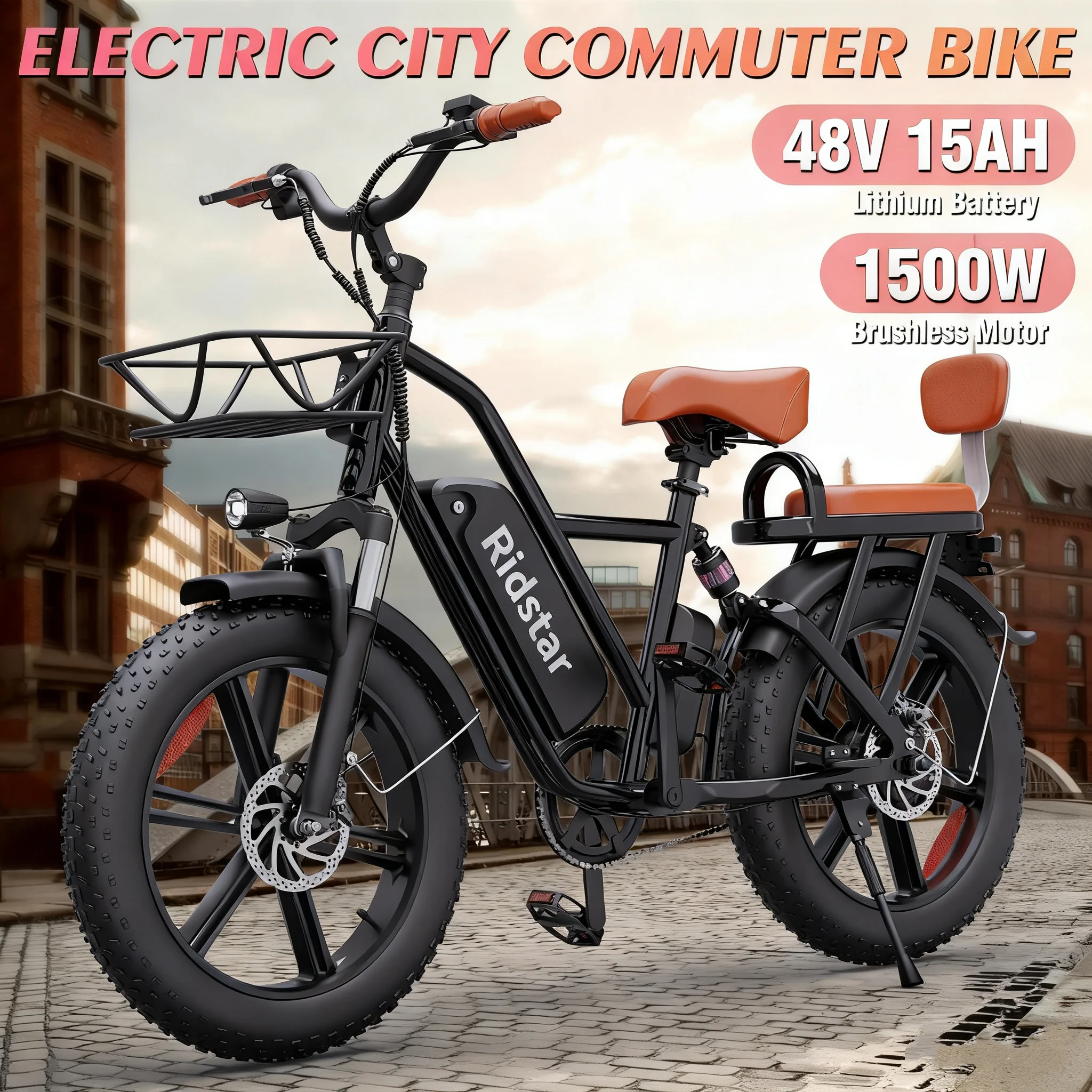 دراجة كهربائية Ridstar للبالغين 1500 وات 48 فولت 15AH Road City Ebike للبالغين 20 بوصة إطار عريض للمدينة eBike Max 330LBS