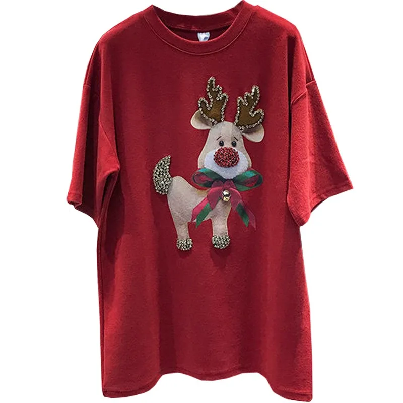 High Quality Summer Women T Shirt Print Harajuku Cute Deer Short Sleeve Lady Tees Sanding Casual Bow-knot Diamond Tops Female