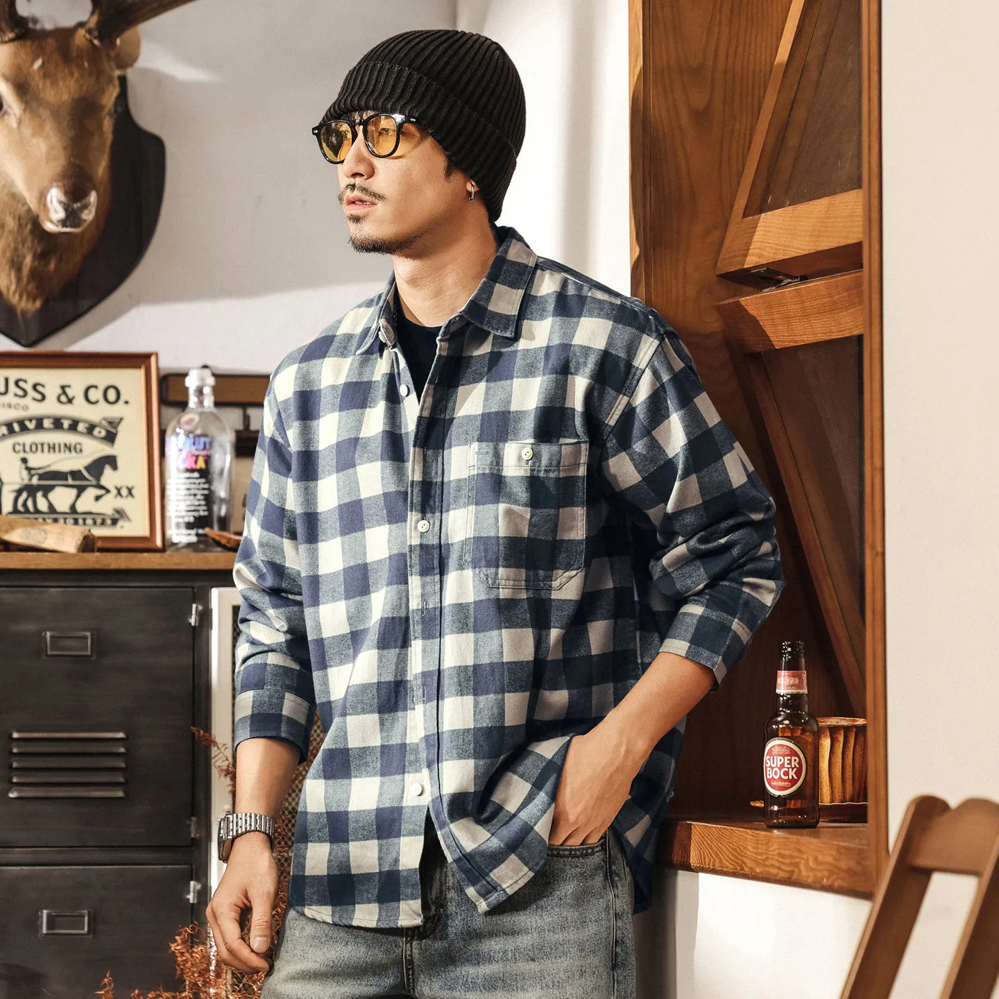 Men's Plaid Shirt Long Sleeve Casual Button Down Checkered Shirts Male Loose Fit Blouse