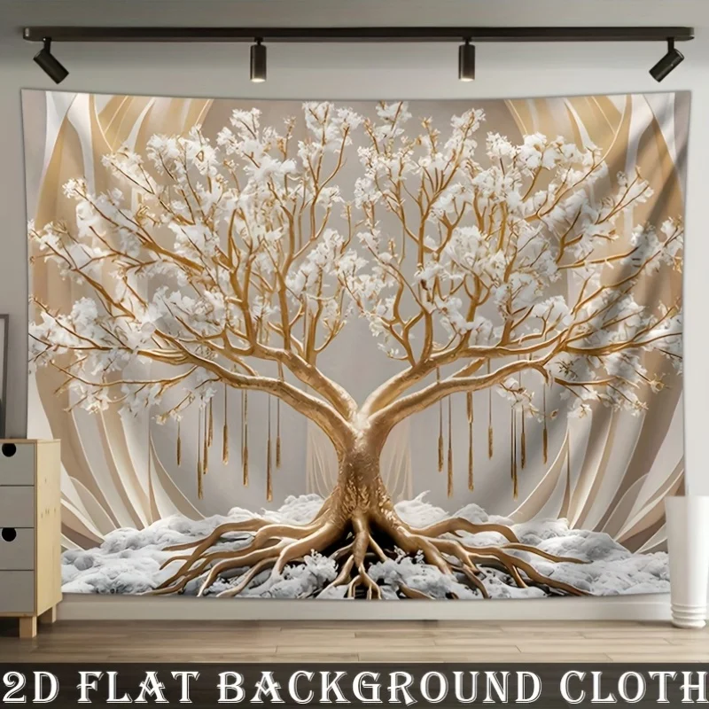VIKAMA Luxury Golden Life Tree Tapestry Minimalist White Gold Tree Wall Hanging for Living Room Modern Home Decor
