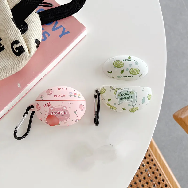 جراب سماعة لهاتف هاواوي فريكليب ، تصميم نمط مشروب فواكه كرتوني ، غطاء سماعة رأس مع خطاف ، ملصق كريستال
