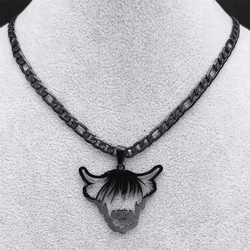 Stainless Steel Animal Cow Cattle Head Pendant Necklace for Men Women Black Color Bull Calf Chain Necklaces Jewelry Gift NZZZ511