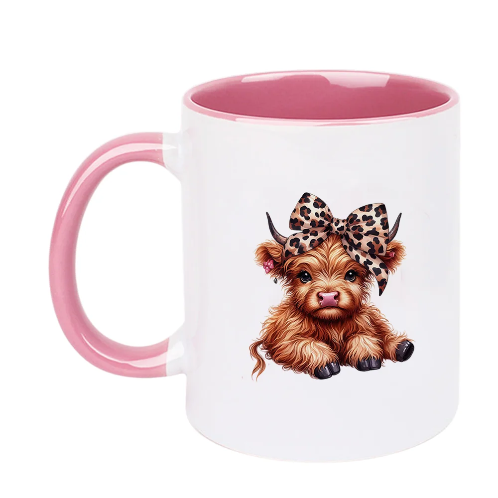 11oz Ceramic Coffee Mug with Cute Highland Cow Print Leopard Bow Design for Home Use Birthday Party Holiday Present Christmas Fa