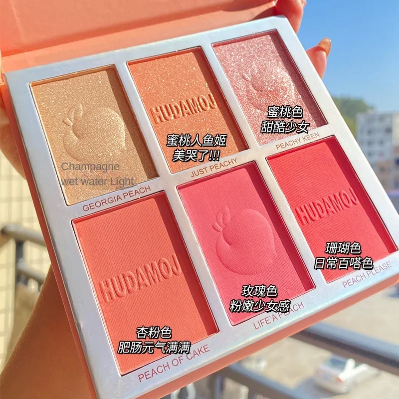 6 cores pêssego destaque blush sombra de olho paleta de maquiagem multifuncional rosto iluminando pó cintilante sombra de olho