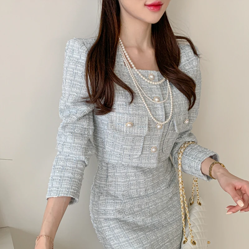 New Korean Autumn Winter Women 2 Pieces Set Single-Breasted Short Coats + Vintage Midi Pencil Skirt Sets Tweed Simple Plaid Suit