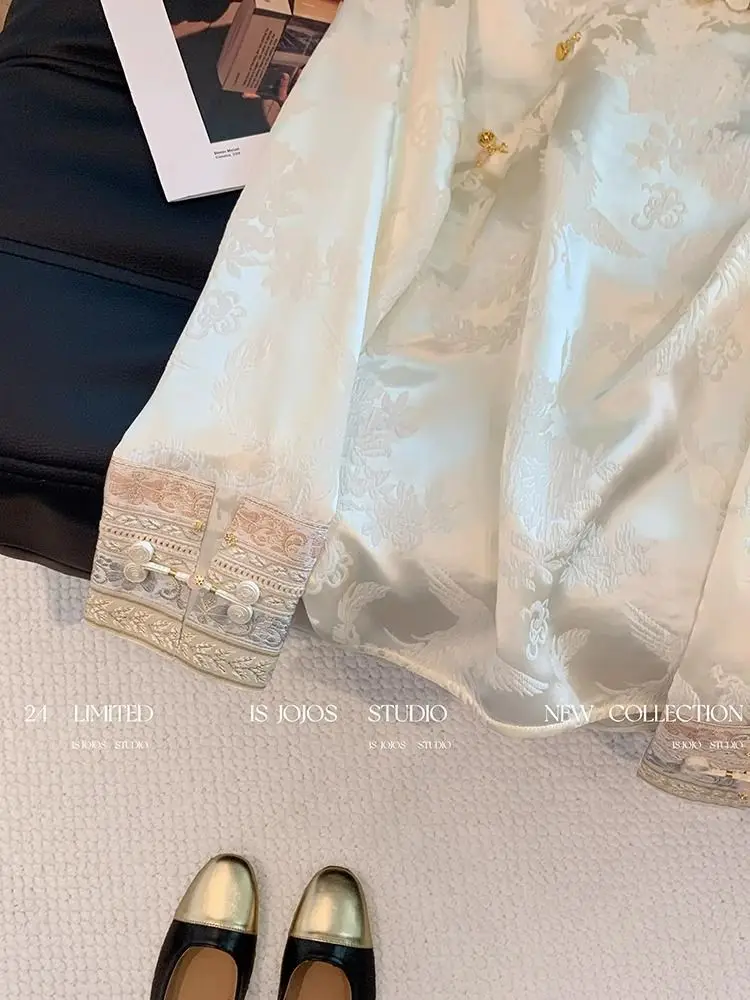 Satin Silk Jacquard Blouses Women Long Sleeve Retro Vintage Chinese Style Cheongsam Top Oversized