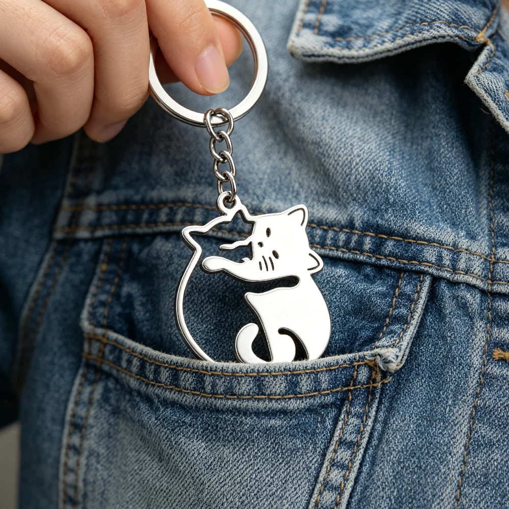 Stainless Steel Cat Keychain Hollow Design Two Cats Embracing Keyring for Women and Men Pet Lovers Key Chain Jewelry Gifts