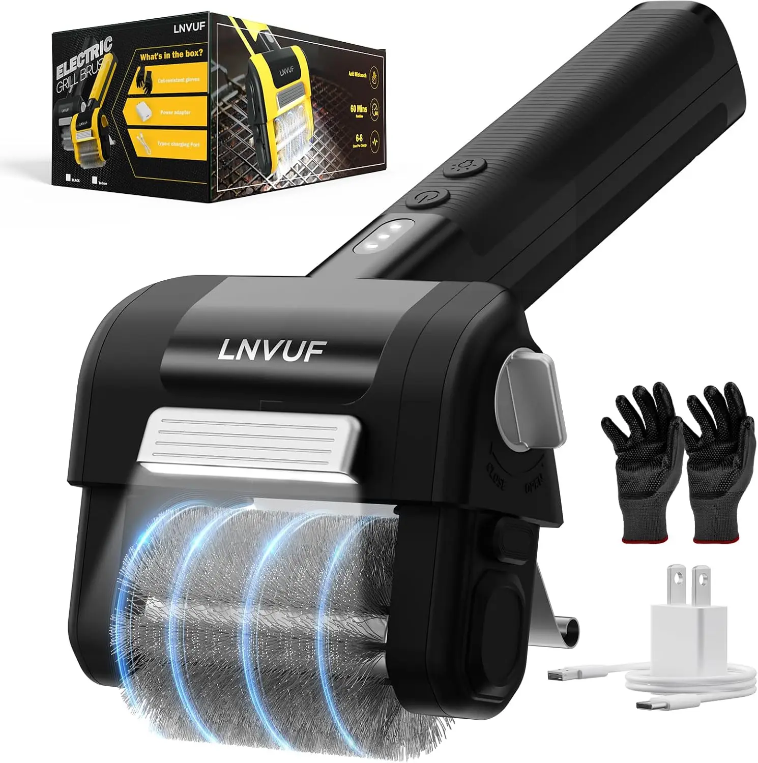

Electric Grill Brush with LED Light, 800 RPM Motor, 304 Stainless Steel Head, Cordless Type-C Rechargeable BBQ Cleaning Tool