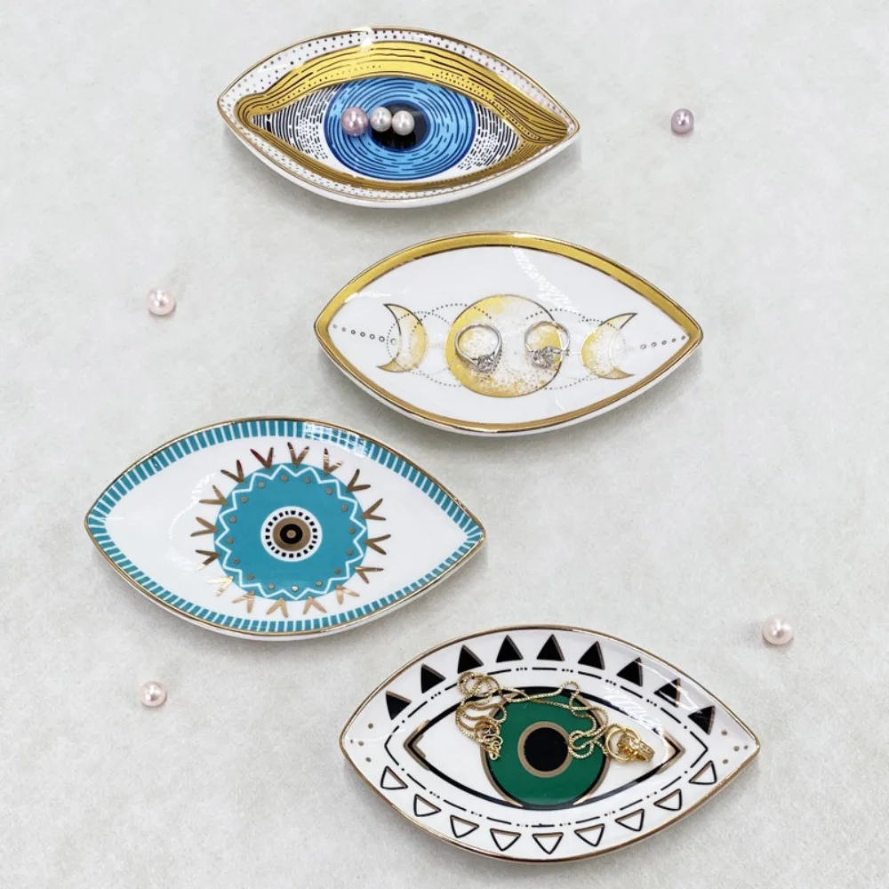 

Ornament Eye Shape Jewelry Tray Ceramic Oval Trinket Plate Modern Art Style Dessert Plate Gift