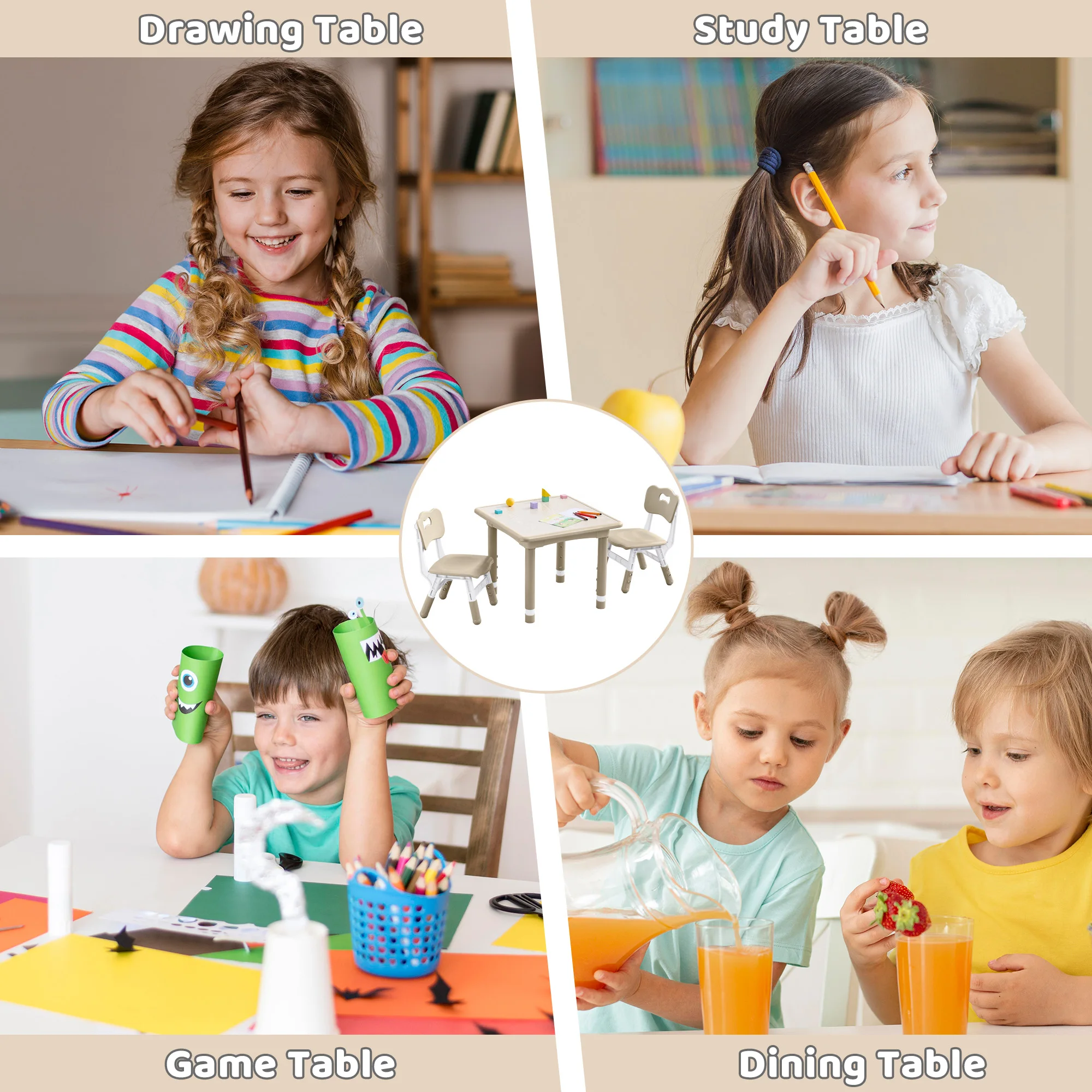 Kids Table And 2 Chairs Set Height Adjustable for Ages 2-8 Non-Slip Wipe-Clean Montessori Learning Art Drawing Desk with 2 Chairs for Home Preschool view 6