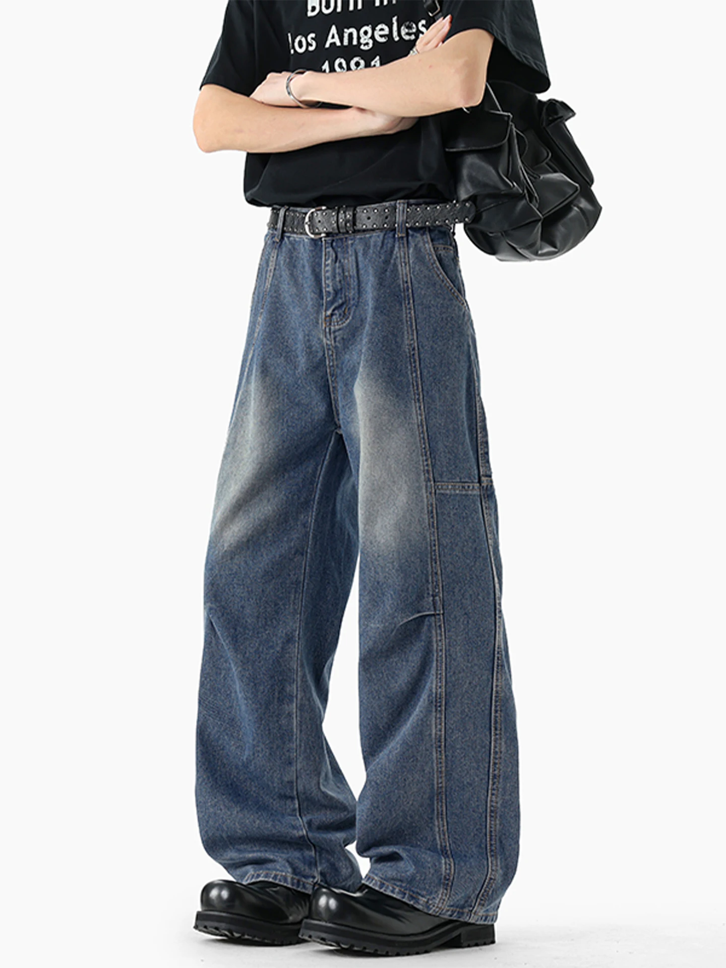 

Мужские джинсы в американском ретро-стиле, весенние, модные, свободные, прямые, с плиссировкой, повседневные брюки из смесового хлопка и полиэстера