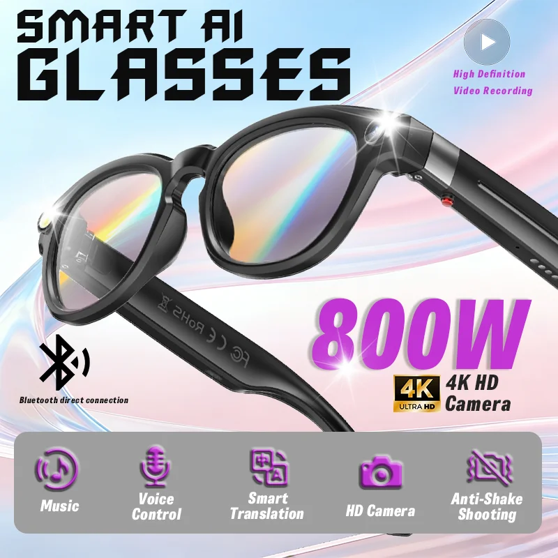 

AI Smart Glasses With 8MP HD Photography Video Recording Sports Anti-Shake Color-Changing Lenses Real-Time Translation Bluetooth