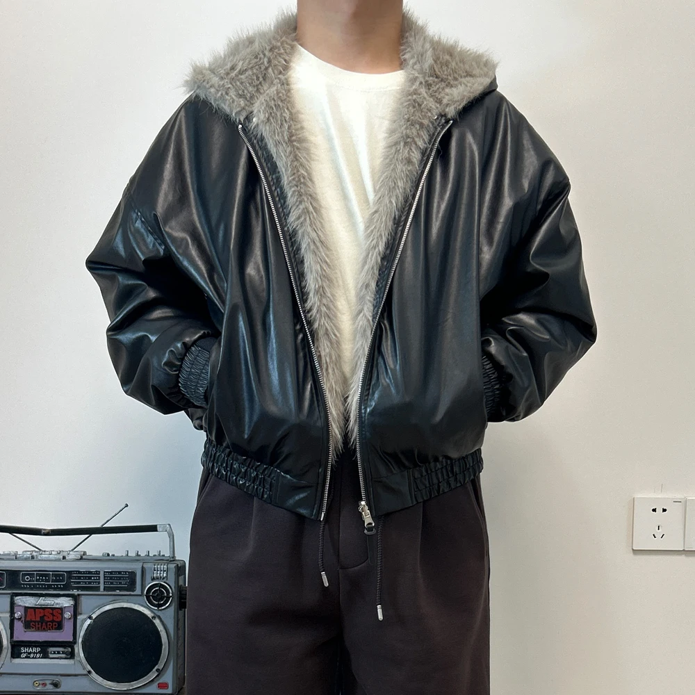 

American Sle Fur Collar Jaet Men's Winter High-End PU Leather Cotton Coat Warmth Long Sve Zipper Closure ort Sle