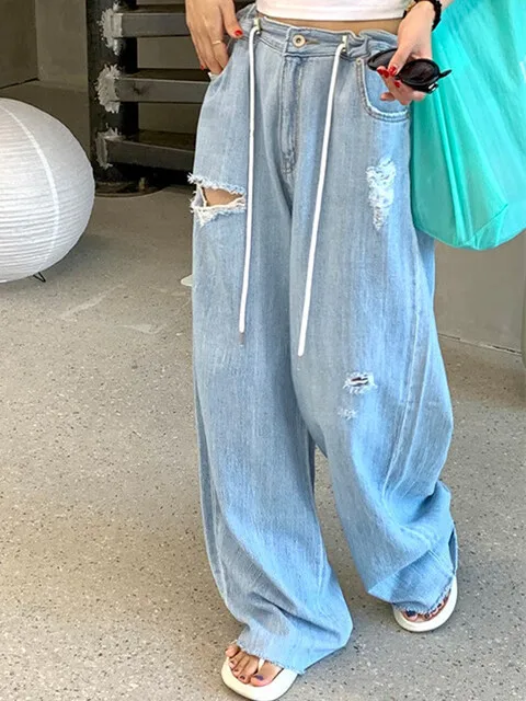 

High Waist Dstring Hole Waed Wide Leg Straight Cut Denim Jeans Women Dongda Gate New Design 2026 Casual Cotton Jeans