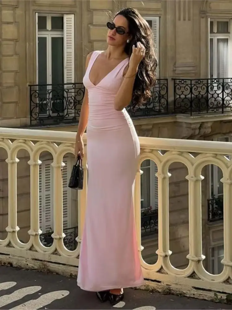 

Party Dresses 2025 Woman Sexy Deep V-link Vestidos Evening Dress Solid Color Backless Bodycon robe Elegant French Temperament
