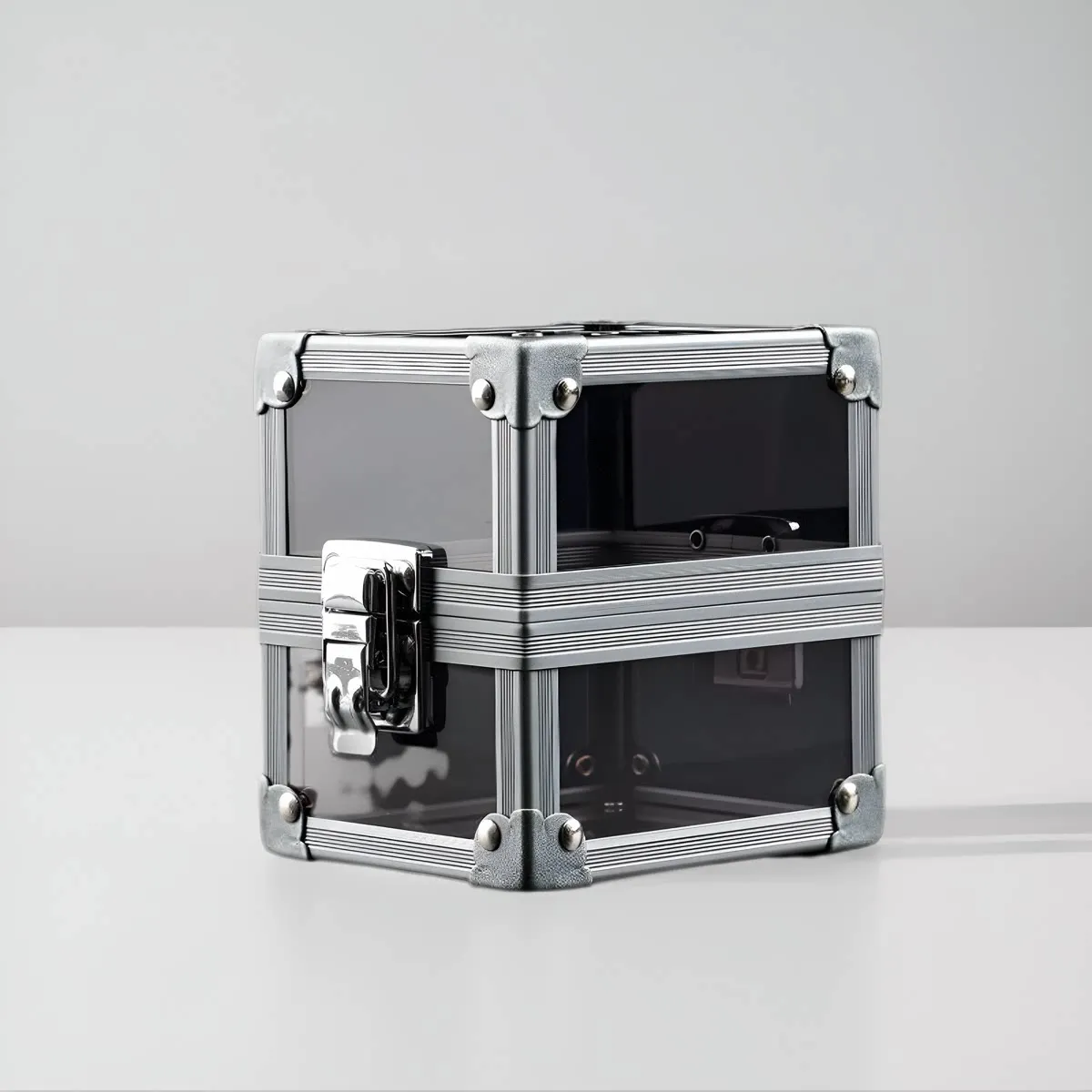 Futuristic Clear Acrylic Card Storage Unit Dual‑Tier Gray Finish Compact Organizer for TCG Gaming Accessory Collections
