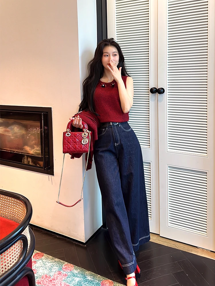

Deep Blue Straight Leg Jeans Women's Spring Summer New Loose Wide Leg Pants Retro Floor-Length Trousers High Waist Denim
