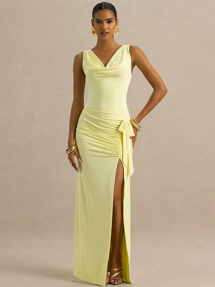 Absobe Women's Swing Collar Ruched Slit Maxi Dress Patchwork 3D Flower Sexy Sleeveless Slim Tank Long Dress Elegant Partywear