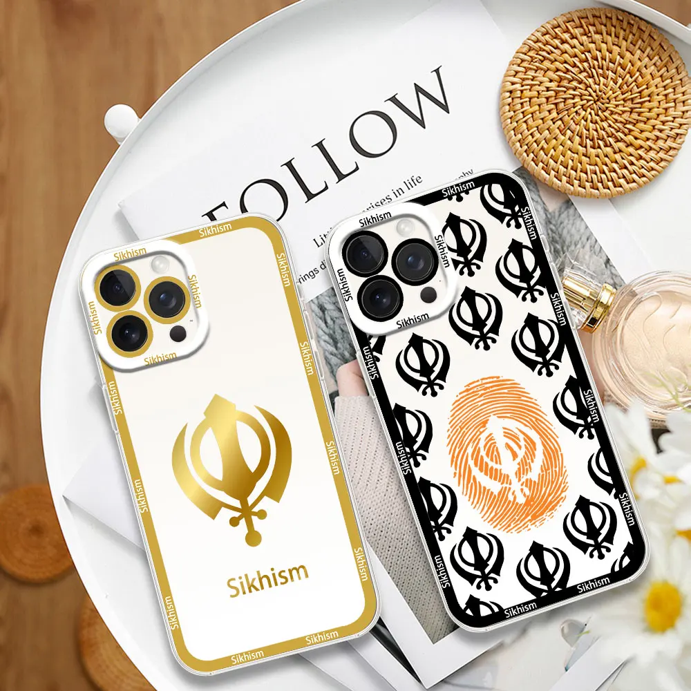 Khanda Sikh Symbol Sikhism Phone Case for iPhone 12 11 13 14 15 16 Max Pro Plus Transparent Bezel Shell