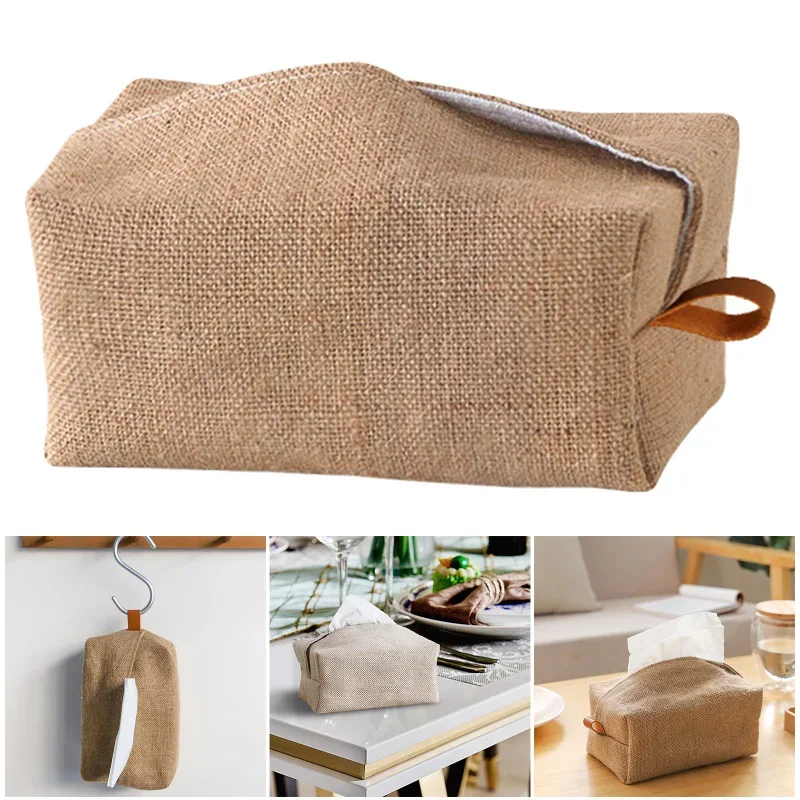 Linen Tissue Box Holder Decoration Cloth Tissue Cover Pouch Container for Home Kitchen Napkin Papers Countertop Car Restaurant