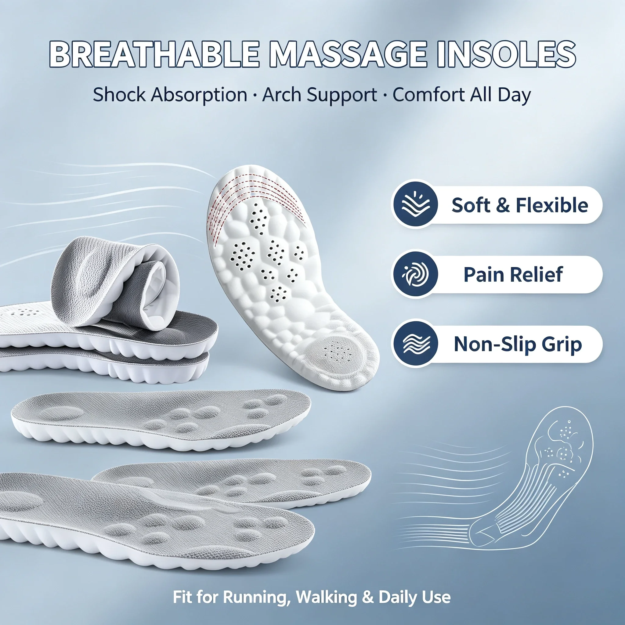New 4D with Arch Support and Massage Orthopedic Insoles Breathable Shock Absorbing Pads for Plantar Fasciitis and Long Standing