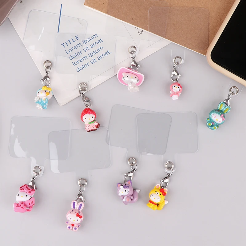 Kawaii Hello Kitty Phone Pendant Sweet Sanrio Doll Keychain W/Card KT Cat Phone Chain Key Holder Bag Decor Accessories