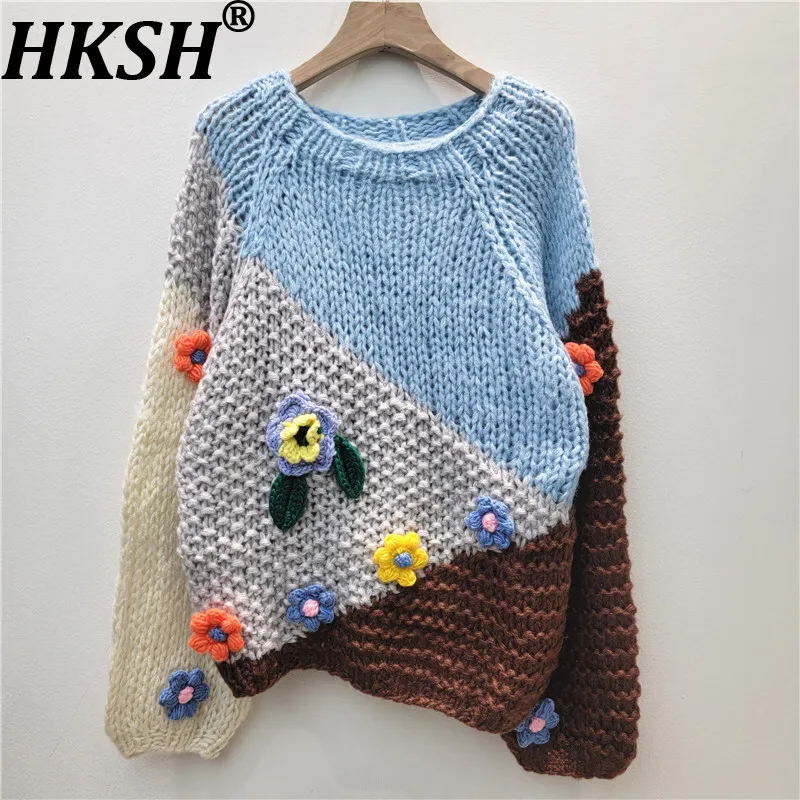 HKSH Autumn Winter New Women Sweater O-neck Pullover Color Block Patchwork Three-dimensional Flower Elegant Knitted Tops HK16457