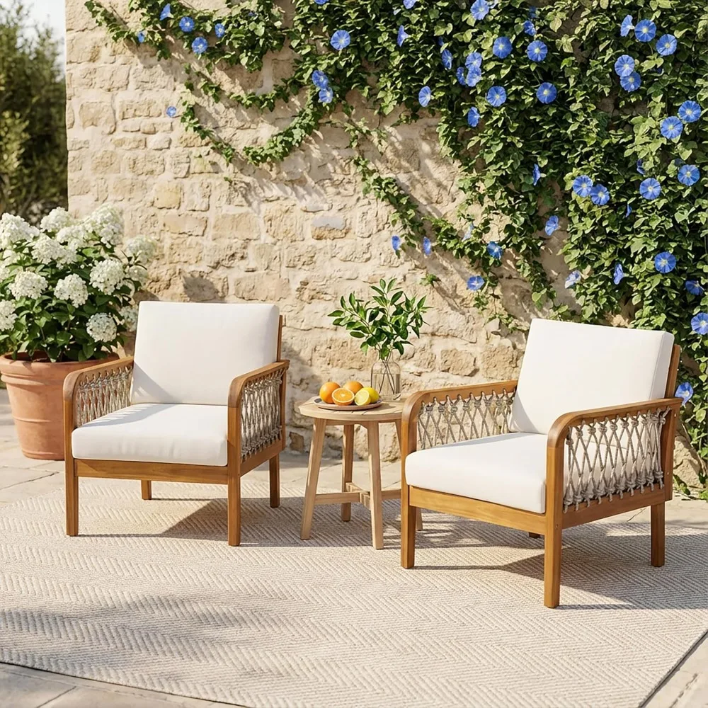 Outdoor Lounge Chair Set of 2 with Removable Cushions, Solid Wood, Rope Weave, Beige+Cream+Teak