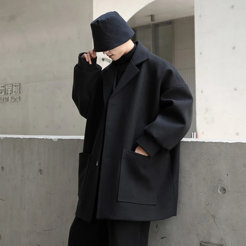 

Мужское черное шерстяное пальто, короткий модный повседневный плащ, свободная верхняя одежда, уличная зимняя одежда