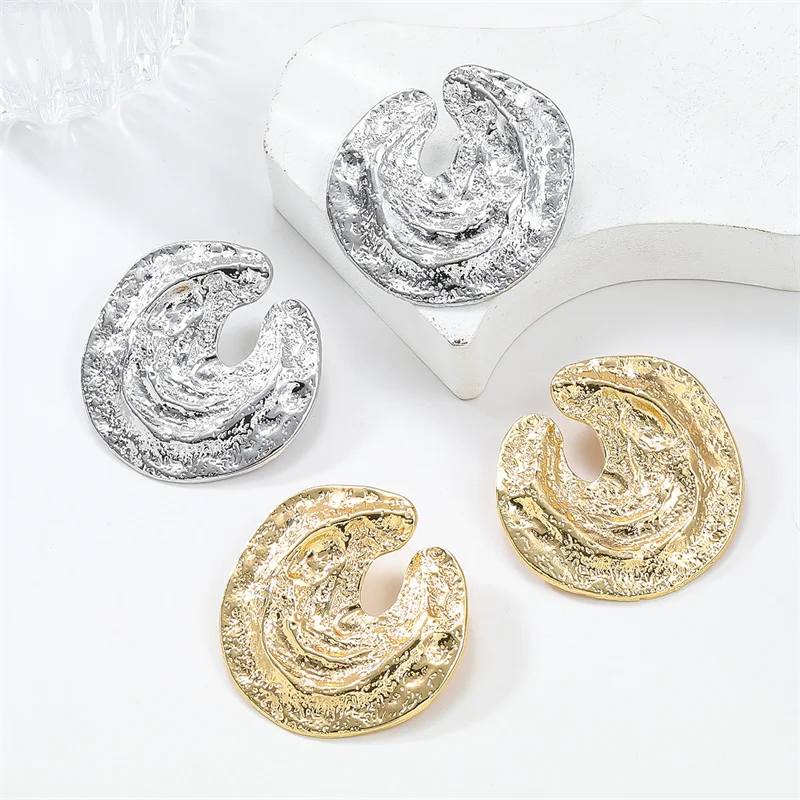 Exaggerated Large Round Spiral Vortex Stud Earrings for Women Chunky Metal Irregular Texture Alloy Vintage Fashion Jewelry