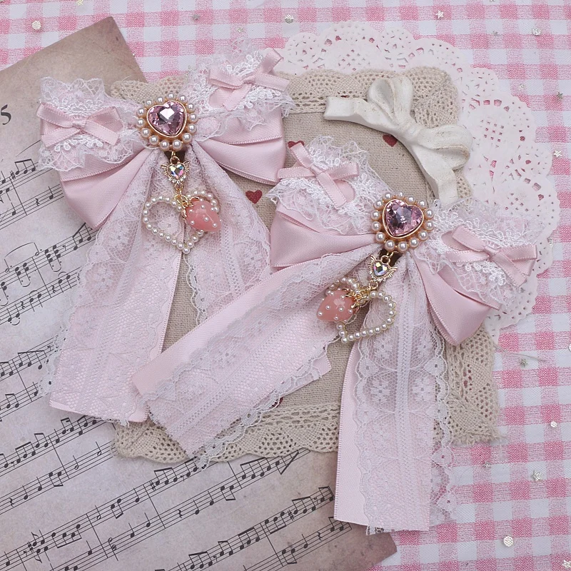 Lolita Style Hairclips Y2K Girl Handmade Bow Lace Ribbon Bowknot Hair Clip with Strawberry Heart Accessories Pendant