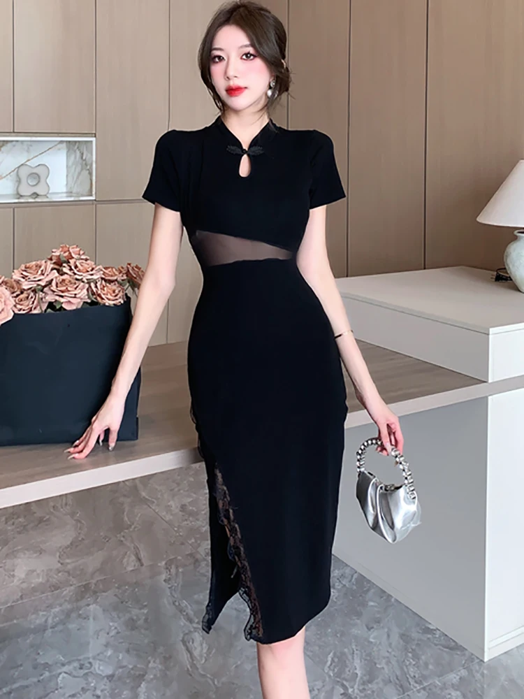 Black Patchwork Mesh Sheer Sexy Lace Slit Midi Dress Women Elegant Luxury Dance Party Dress 2024 New Korean International Dress