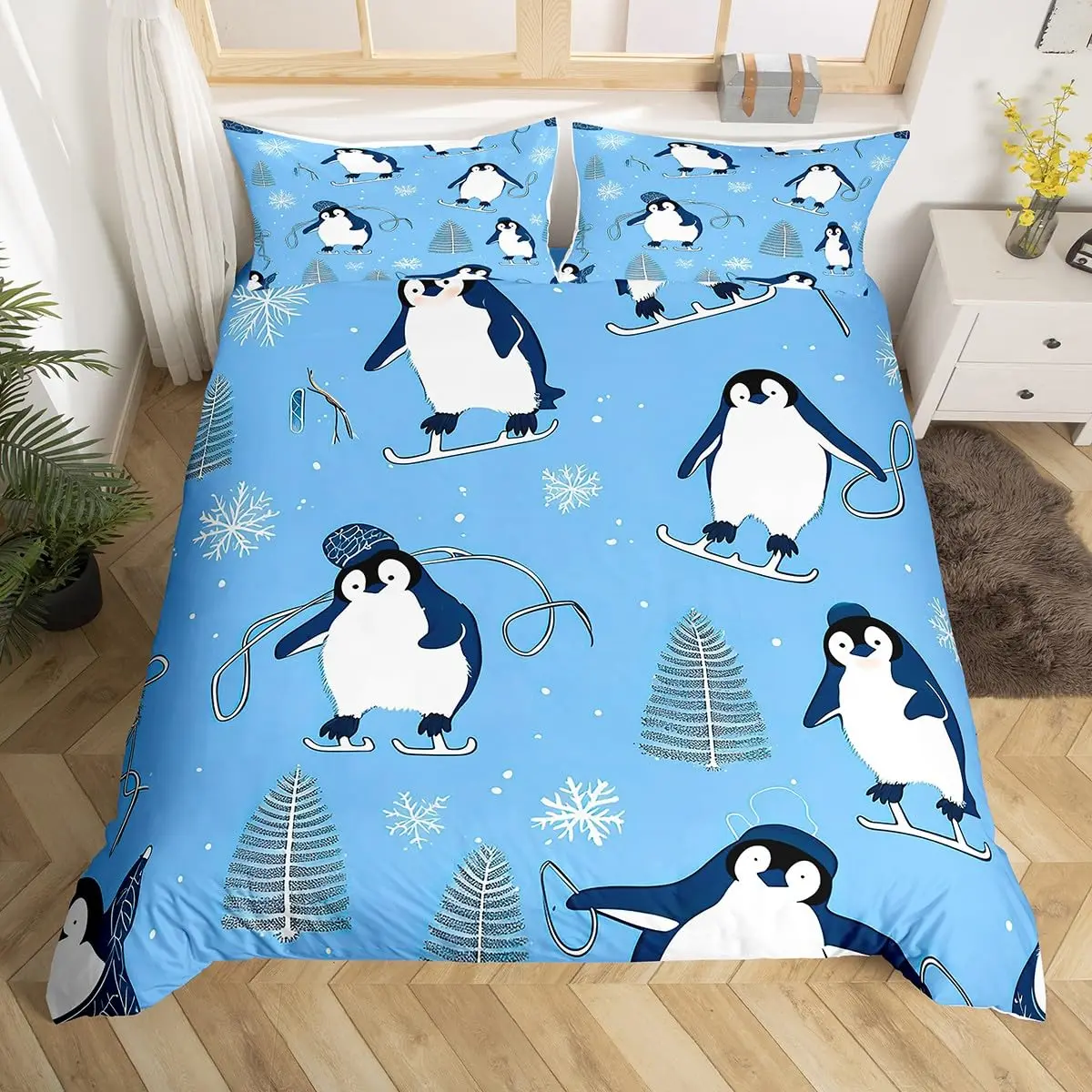 Cartoon Penguin Duvet Cover Funny Skiing Animal Bedding Set South Pole Nature Snowflake Tree Comforter Cover Blue Quilt Cover