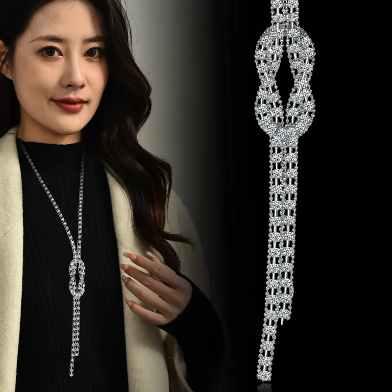 多機能ロング装飾ネックレス、レディースセーターチェーン、人工クリスタルネックレス
