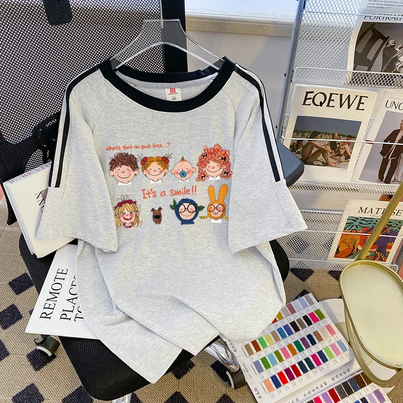 2024 Summer Round Neck Short Sleeve T-shirt Women's Wear New Loose Cotton Design Sense Three-bar Printed Top