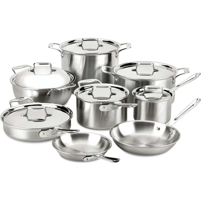 D5 5-Ply Brushed Stainless Steel Cookware Set 14 Piece Induction Oven Broiler Safe 600F Pots and Pans Silver