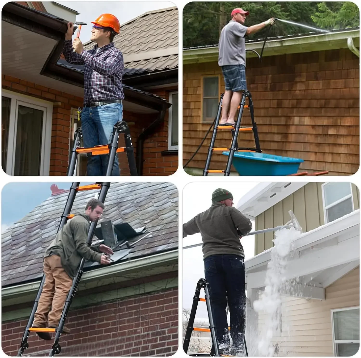 Telescoping A Frame Ladder with Tool Platform and Stabilizer Bar, Upgrade Strengthened Joints Aluminum Telescopic Ladders with W